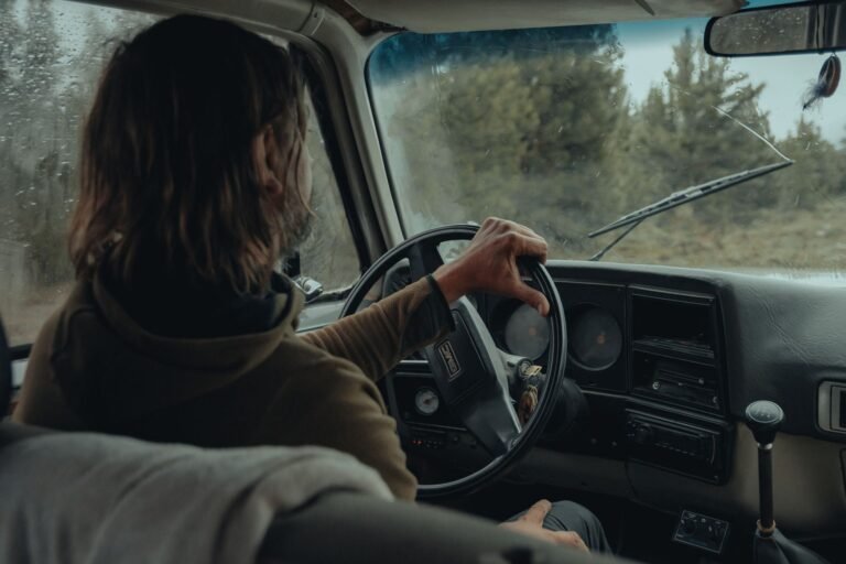 A person drives a vintage car through a wooded area on a rainy day, viewed from behind.