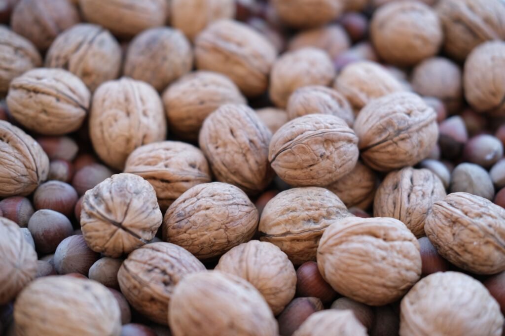 A detailed shot of walnuts and hazelnuts showcasing textures and natural tones.