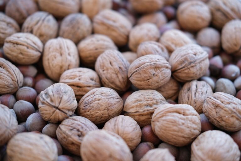 A detailed shot of walnuts and hazelnuts showcasing textures and natural tones.