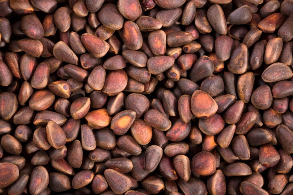 High-resolution image of raw pine nuts, ideal for culinary and health-related projects.
