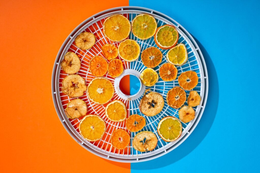 A colorful composition of dried citrus and apple slices on a vivid orange and blue background.