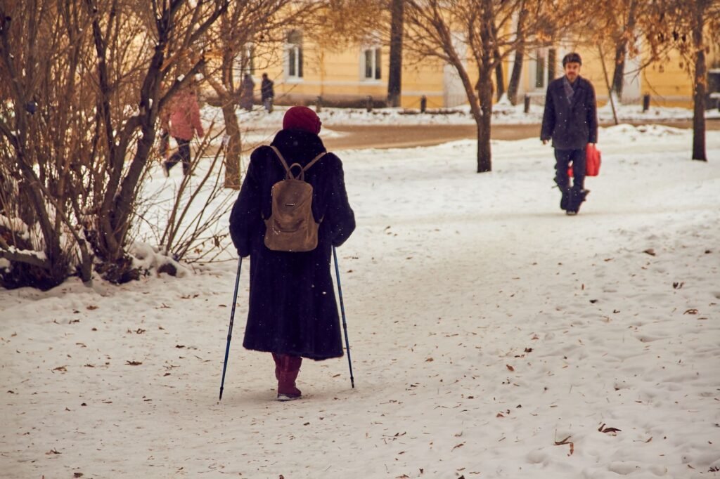 People walking in a snowy park during winter, dressed in coats.