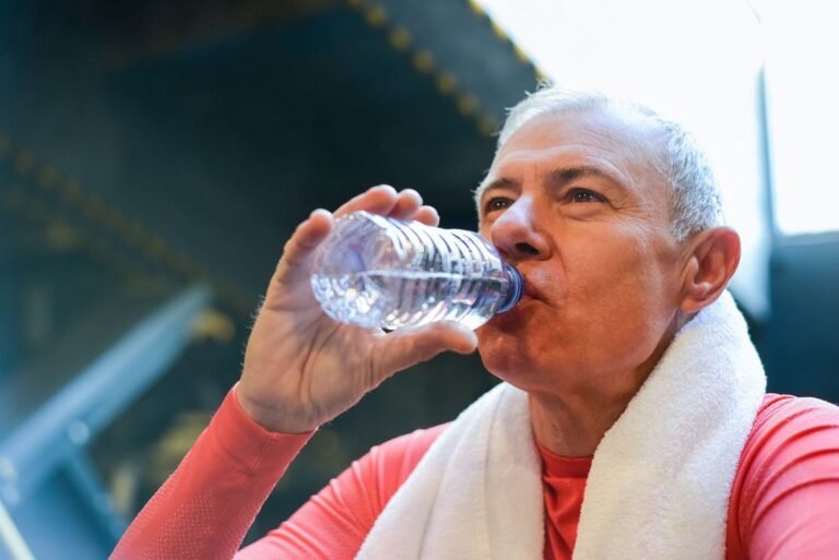 Elderly man drinking water post-exercise with towel around neck, promoting healthy lifestyle.